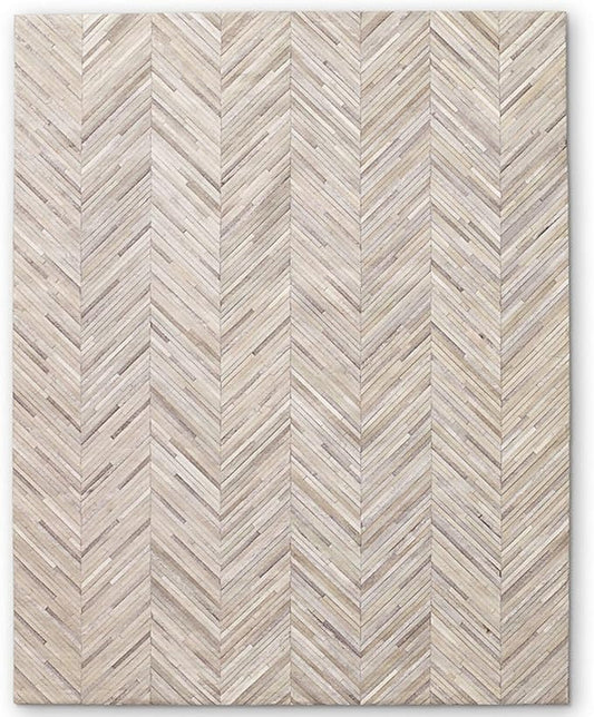 Elegant Rectangular Rug Cowhide Leather Luxury Non Slip Foldable Chevron Patchwork Area Rug for Living Room and Entryway Floor Carpet (Beige-3 x 12 ft)