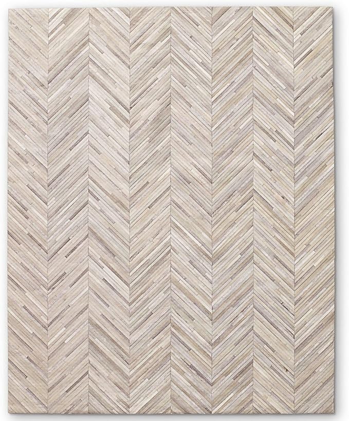 Premium Rectangular Rug Cowhide Leather Stylish Non Slip Chevron Patchwork Area Rug for Living Room,Home Décor and Entryway Floor Carpet (Beige-4 x 6 ft)