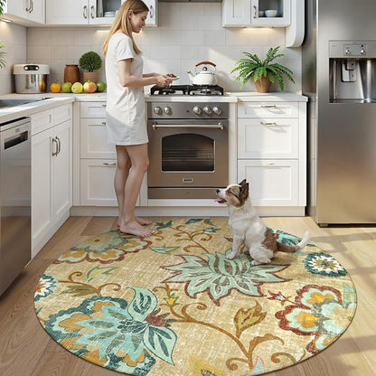 Lahome Floral Round Area Rugs 5Ft - Washable Soft Large Round Rugs for Living Room Non-Slip Throw Lightweight Round Kitchen Rugs, Boho Beige Paisley Print Circle Rugs for Bedroom Office Dining Room
