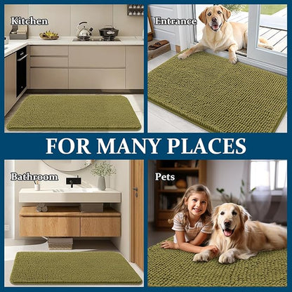 OLANLY Dog Door Mat for Muddy Paws 36x24, Absorbs Moisture and Dirt, Absorbent Non-Slip Washable Doormat, Quick Dry Chenille Mud Mat, Entry Indoor Entryway Carpet for Inside Floor, Willow Green