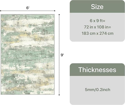GENIMO Abstract Area Rug 6x9, Washable Large Modern Rug Non Slip, Low Pile Lightweight Soft Carpet for Living Room, Bedroom, Dining Room, Light Green