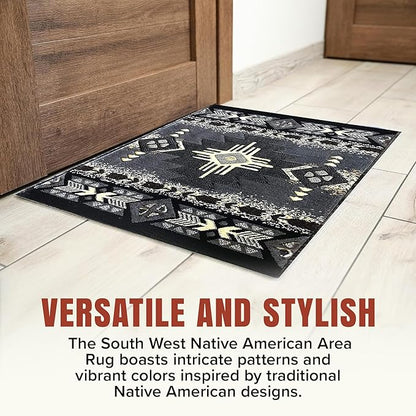 YHSF South West Native American Area Rug C318 - Easy Clean, Thick, Soft, Durable Native Tribal American Indian Inspired Rug for Bedroom/Living Room and more - Grey, 2 Feet 4 Inches x 10 Feet 11 Inches