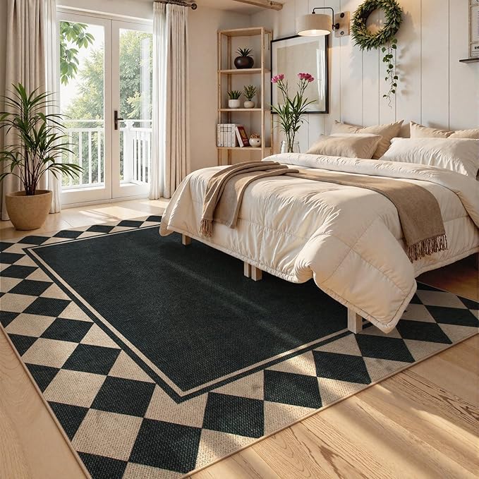 Moynesa Easy Jute Outdoor Rug 8x10 Area Rugs for Living Room, Washable Checkered Indoor Outdoor Patio Rug Non Slip, Farmhouse Carpet for Bedroom Dining Room Table, Black Grid Pattern