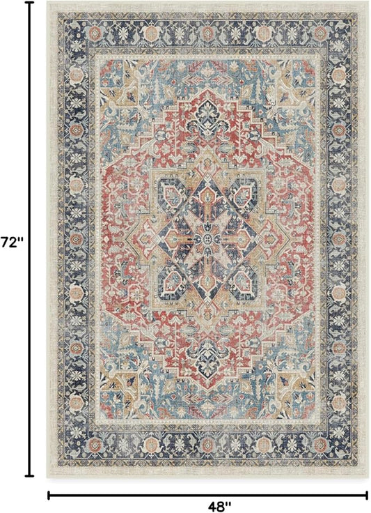 RUGGABLE Washable Vintage Area Rug – Kamran Cayenne Red 4x6, Stain-Resistant, Non-Slip – Medium Machine Washable Rugs for Living Room, Bedroom, Hallway, Entryway & Office–with Standard Pad