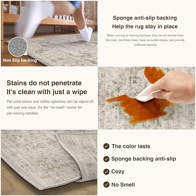 HUGEAR Washable 6x9 Area Rugs Retro Beige Living Room Bedroom Rug Vintage Distressed Non Slip Stain Resistant Low Pile Neutral Throw Carpet for Home Decor