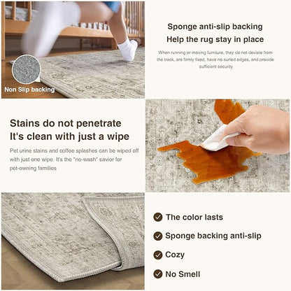 HUGEAR Washable 9x12 Area Rugs Retro Beige Living Room Bedroom Rug Vintage Distressed Non Slip Stain Resistant Low Pile Neutral Throw Carpet for Home Decor