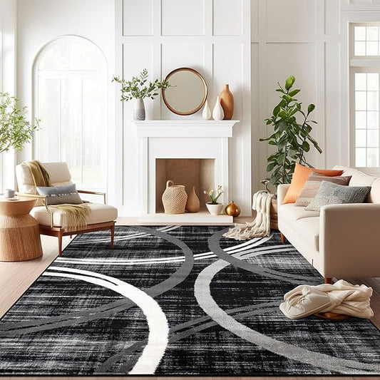 Rugshop Modern Wavy Circles Design Area Rug, Non-Shedding Carpet for Living Room, Large Bedroom, or Dining Room,Grand Room,Open Spaces Black, 8'8" x 12'