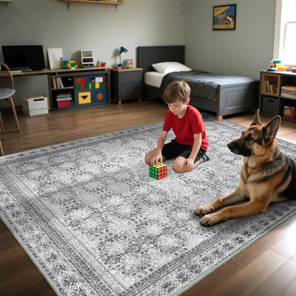 Large Faded Gray 8x10 Washable Area Rug for Living Room, No Shedding Vintage Floral Print Rugs Non Slip, Indoor Foldable Thin Retro Accent Carpet for Bedroom Farmhouse Dining Room