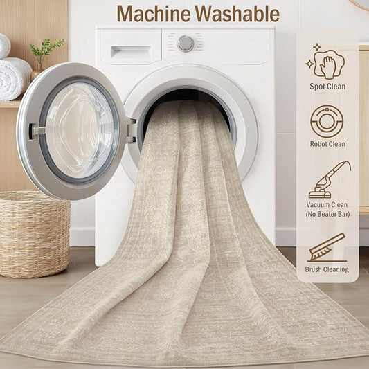 10x12 Area Rug Living Room: Washable Large Vintage Rug Neutral Non-Slip Soft Stain Resistant Indoor Carpet for Bedroom Nursery Dining Room Under Table Bed Home House Office Playroom - Brown