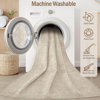 7x9 Area Rug Living Room: Washable Large Vintage Rug Neutral Non-Slip Soft Stain Resistant Indoor Carpet for Bedroom Nursery Dining Room Under Table Bed Home House Office Playroom - Brown
