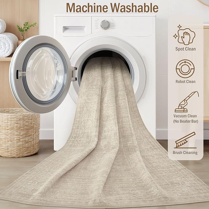 8x10 Area Rugs Living Room: Washable Large Vintage Rug Neutral Non-Slip Soft Stain Resistant Indoor Carpet for Bedroom Nursery Dining Room Under Table Bed Home House Office Playroom - Brown