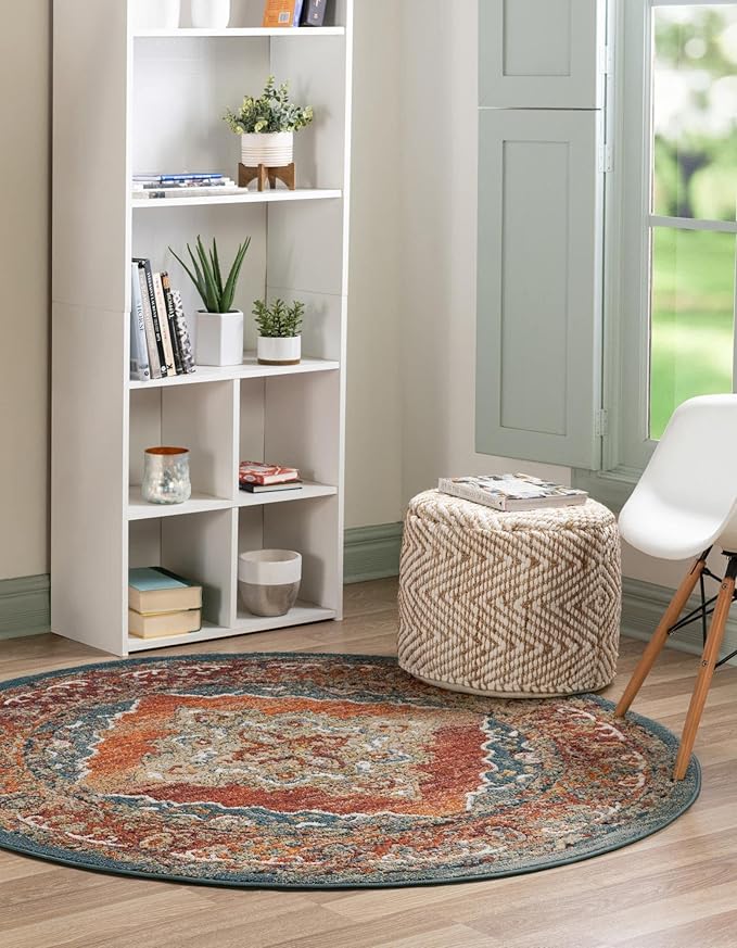 Unique Loom Isabella Collection Area Rug - Rossellini (6' 1" Round, Rust Red/ Beige)