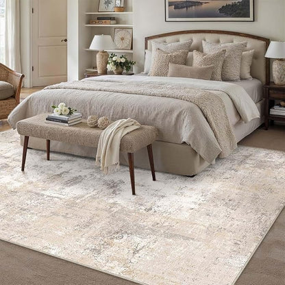 7x10 Washable Area Rug Beige Grey Abstract Living Room Bedroom Throw Rug Neutral Modern Non Slip Soft Low Pile Lightweight Indoor Carpet for Dining Room Office