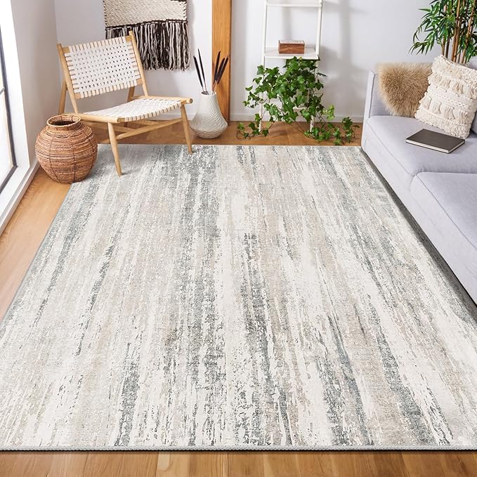 MUJOO 5x7 Washable Area Rug,Modern Abstract Rugs for Living Room Bedroom Dining Room,Large Non Slip Carpet Indoor,Low Pile Throw Rug Accent Neutral Beige and Grey
