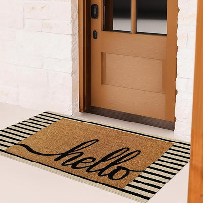 Outdoor Rug Front Door Mat 2'x4.3', Cotton Indoor Doormat Washable Black and Tan Striped Rug, Stain Resistant Reversible Layered Door Mats for Entryway/Farmhouse/Home Entrance