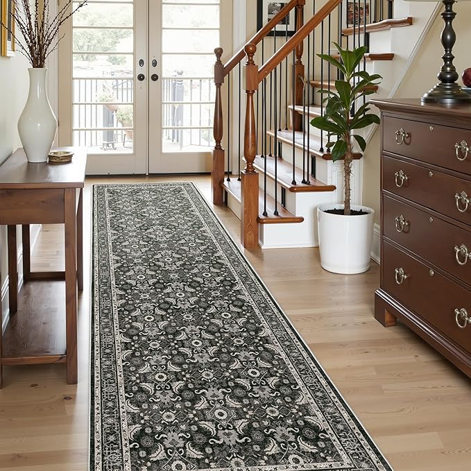 WITSHOCK Black Boho Washable 3x8 Kitchen Runner Rug,Vintage Neutral Hallway Rugs for Entryway,Soft Distressed Floor Mat for Bedroom,Entrance,Indoor Back Door(Black,3x8)