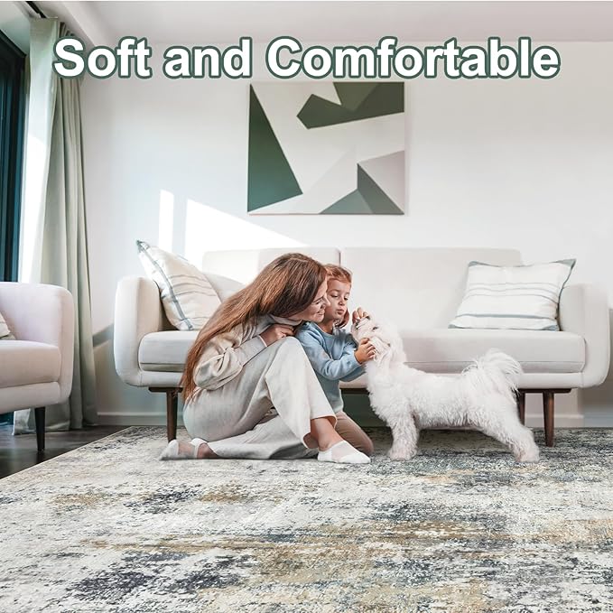 Area Rug for Living Room 10x14 - Extra Large Washable Neutral Modern Abstract Rugs, Soft Carpet with Non Slip Backing for Under Dining Room Table, Bedroom, Home, Office, Dorm - Green Yellow