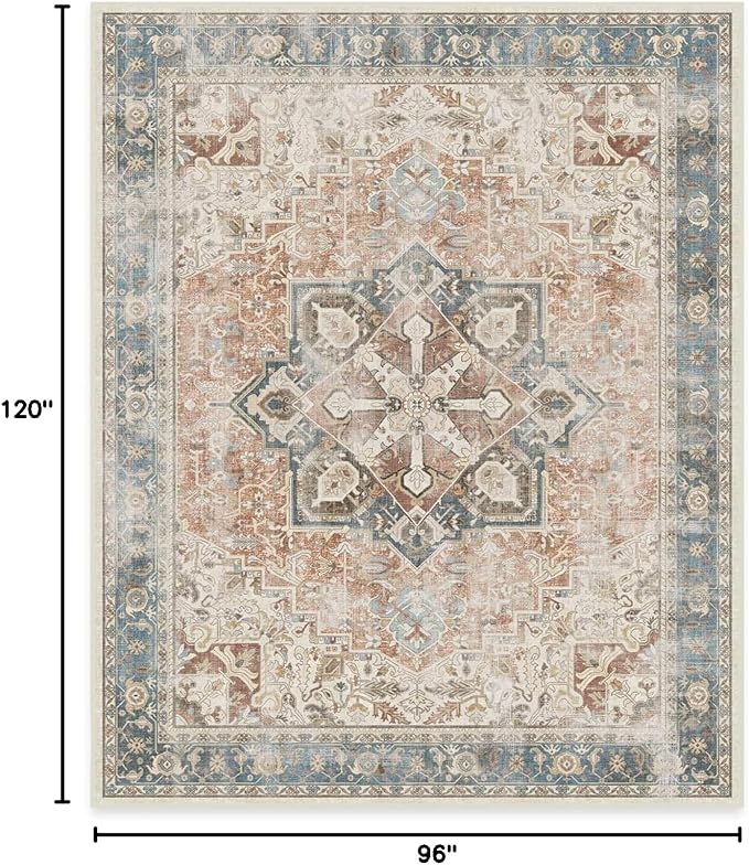 RUGGABLE Washable Vintage Area Rug – Kamran Coral 8x10, Stain-Resistant, Non-Slip – Large Machine Washable Rugs for Living Room, Bedroom, Hallway, Entryway & Office–with Standard Pad