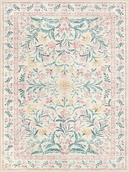 Lahome Boho Pink and White Area Rugs 9x12 Living Room, Washable Floral Large Area Rugs for Bedroom Kids Playroom, Soft Non-Slip Thin Carpet for Nursery Home Decor, Blush