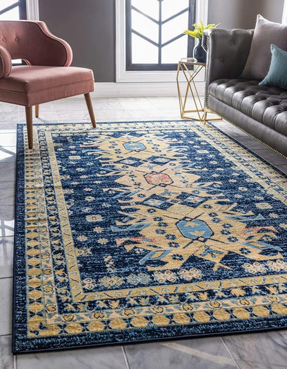 Unique Loom Taftan Collection Border Geometric Tribal Inspired Design Area Rug (5' 0 x 8' 0 Rectangular, Navy Blue/ Gold)