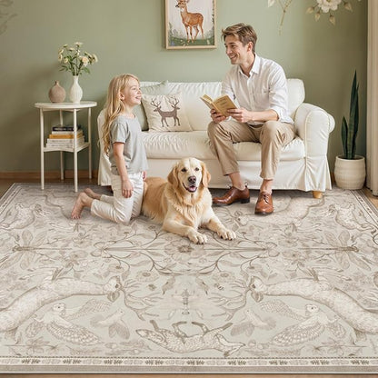 Lahome Boho Animal 6x9 Washable Living Room Area Rugs, Beige Soft Rugs for Bedroom, Botanical Large Boho Non Slip Dining Room Carpet for Under Table Office Kids Playroom (6x9ft,Beige)