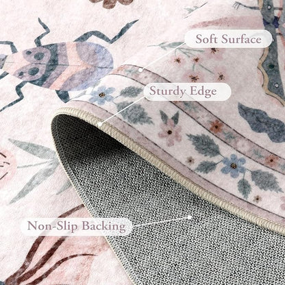 Lahome Insect Print Washable Rugs for Living Room, Soft 6x9 Pink Rug for Bedroom Ultra-Thin Non Slip, Stain Resistant Modern Easy Clean Large Carpet for Dining Room Nursery Classroom(6'x9',Pink)