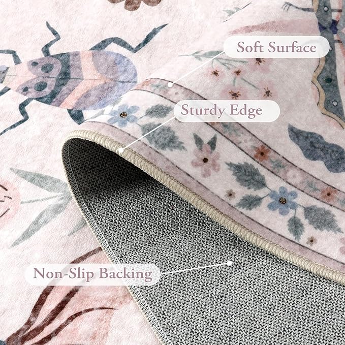 Lahome Insect 9x12 Area Rugs for Living Room Bedroom, Soft Washable Rugs 9x12 Stain Resistant, Ultra-Thin Non-Slip Non-Shedding Accent Carpet for Dining Room Office, Pink