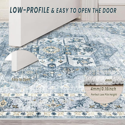 9x12 Area Rugs Washable Rugs for Living Room, Large Vintage Boho Rug Non-Slip Soft Floral Distressed Rug Low Pile Stain Resistant Carpet for Bedroom Nursery Office Dining Room Farmhouse(Blue, 9'x12')