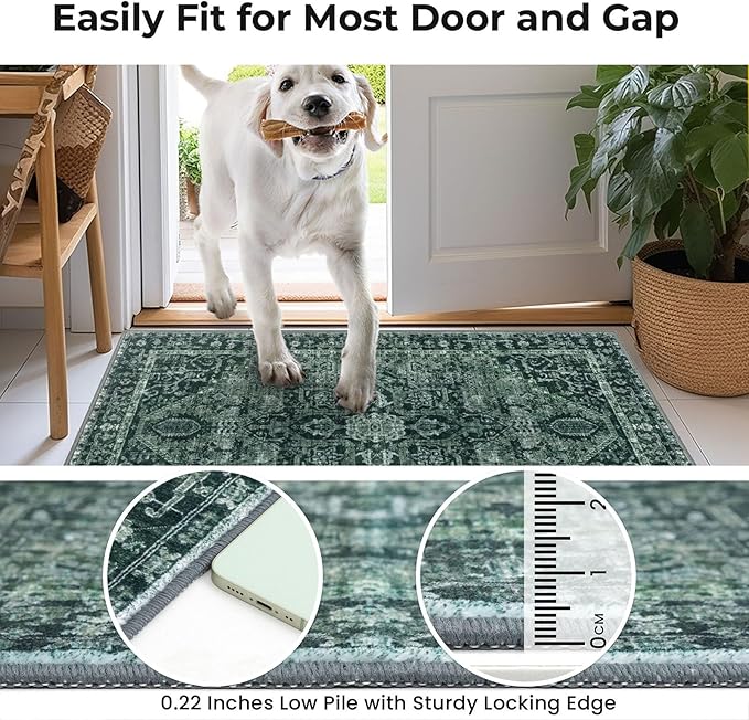 KOZYFLY Boho Area Rug 6x9 Ft Thin Washable Rugs for Bedroom and Living Room Faux Wool Printed Throw Carpet Non Slip Rug for Entryway Kitchen Dining Room, Dark Green