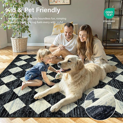 Lahome Checkered Washable 2x12 Runners for Hallways Non Slip, Black Kitchen Bathroom Runner Rugs, Modern Trellis Ultra-Thin Indoor Carpet Runner for Bedroom Dorm Classroom Decor (2'x12',Black)