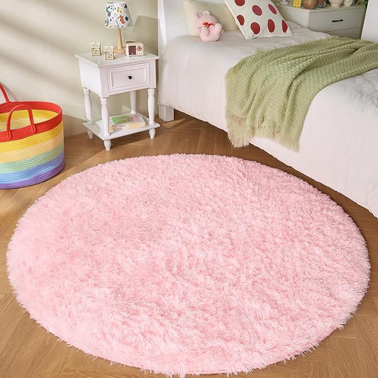 Andency Pink Round Area Rug for Bedroom, Shag Fuzzy Plush Circle Rug 7'X7' for Room, Cute Fluffy Circular Carpet for Dorm Playroom