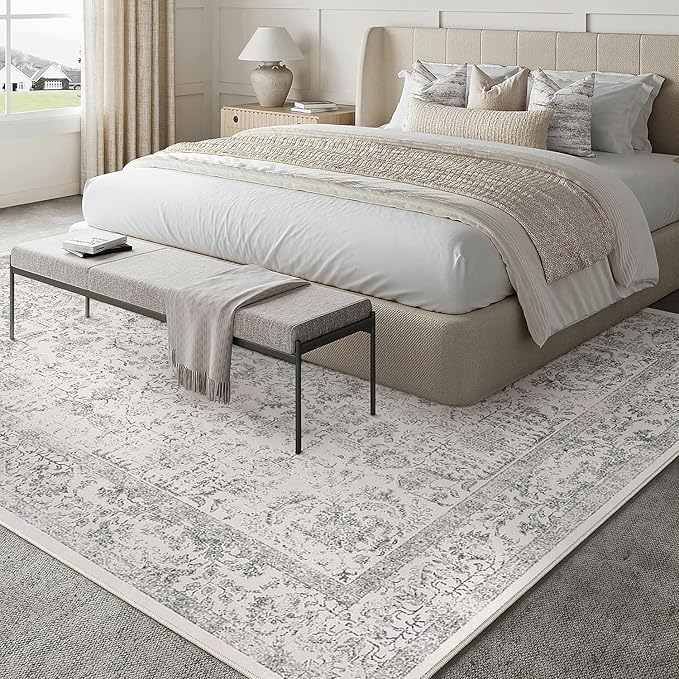 Gray Area Rug 7x10 Machine Washable Vintage Living Room Distressed Non Slip Carpet Traditional Indoor Bedroom Grey Retro Floral Accent Throw Large Rug for Office Kitchen Dining Room