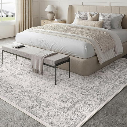 Gray Area Rug 7x10 Machine Washable Vintage Living Room Distressed Non Slip Carpet Traditional Indoor Bedroom Grey Retro Floral Accent Throw Large Rug for Office Kitchen Dining Room