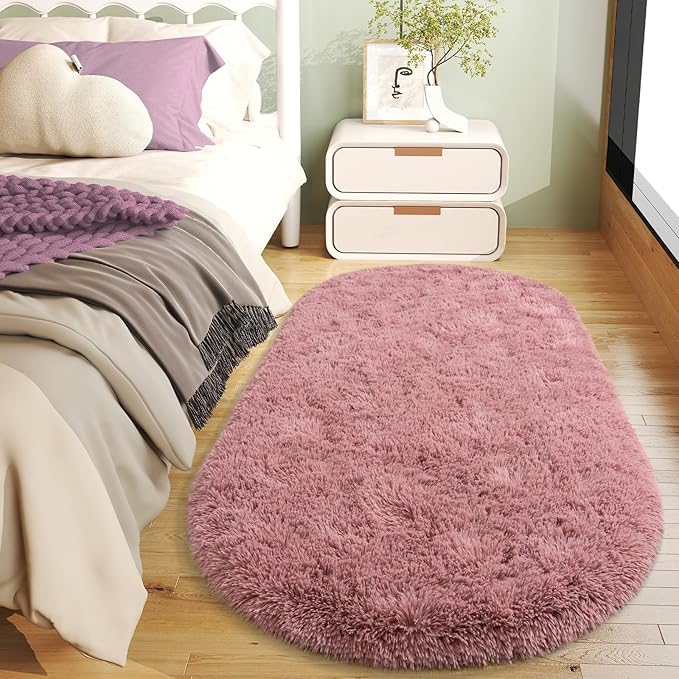 Soft Fluffy Rugs for Bedroom, Blush Pink Fuzzy Shaggy Oval Bedside Area Rug Set of 2, Non-Slip Cozy Plush Shag Carpet for Kids Room Nursery Dorm Living Room, 2.6 x 5.3 Feet
