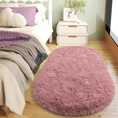 Soft Fluffy Rugs for Bedroom, Blush Pink Fuzzy Shaggy Oval Bedside Area Rug Set of 2, Non-Slip Cozy Plush Shag Carpet for Kids Room Nursery Dorm Living Room, 2.6 x 5.3 Feet