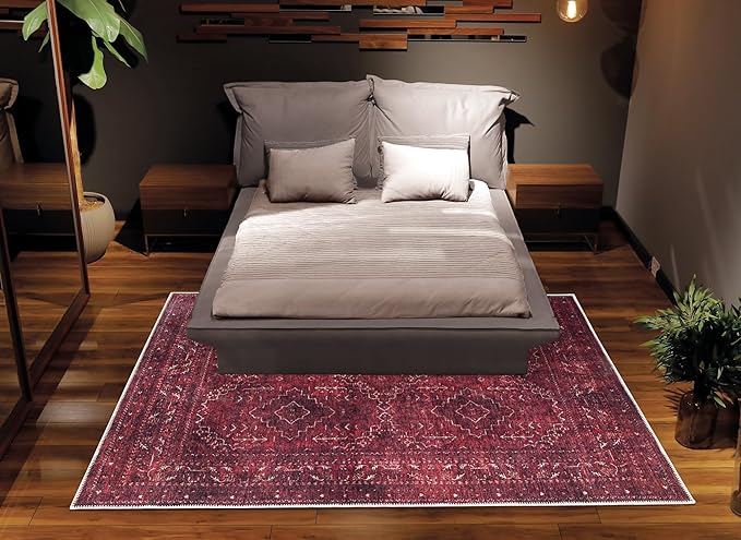 Bloom Rugs Washable Non-Slip 8' x 10' Rug - Dark Red Traditional Bordered Area Rug for Living Room, Bedroom, Dining Room, and Kitchen - Exact Size: 8' x 10'