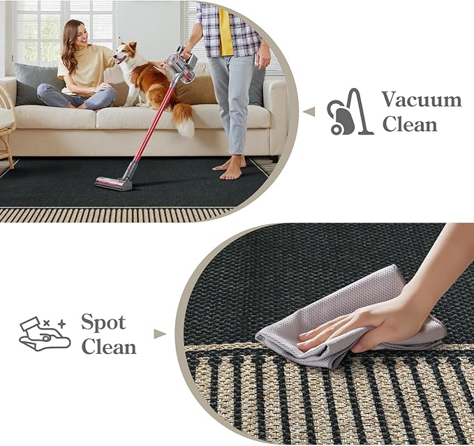 Moynesa Striped Border Easy Jute Outdoor Rug 5x7 Area Rugs for Living Room, Washable Indoor Outdoor Patio Rug Non Slip Low Pile, Black Farmhouse Carpet for Backyard Bedroom Dining Room