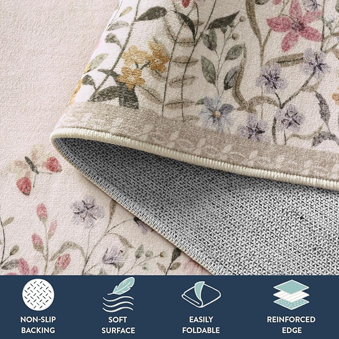Lahome Boho Floral Beige Washable 5x7 Area Rugs for Living Room, Non Slip Rugs for Bedroom, Indoor Throw Dining Room Carpet for Under Table Entryway Kitchen Office(Beige,5x7)