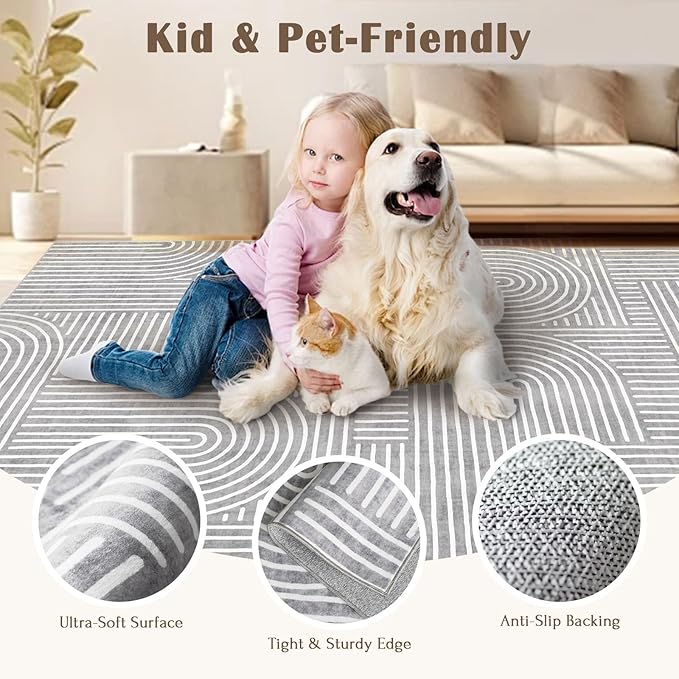 6x9 Area Rug - Large Abstract Washable Non-Slip Grey Living Room Rug Rainbow Low-Pile Floor Carpet Soft Modern Accent Rugs for Bedroom Dining Room Office Classroom Nursery