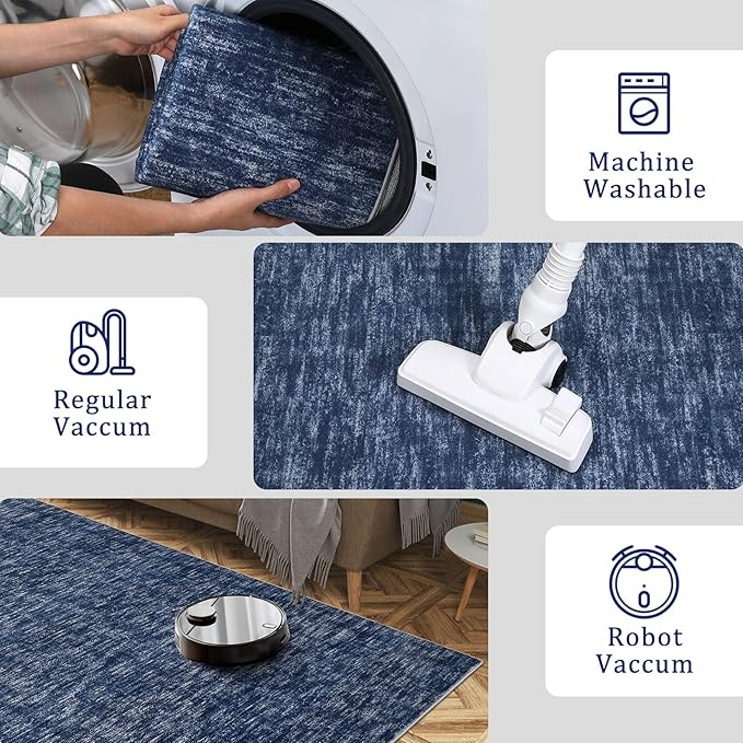 RUGSREAL Washable Area Rug for Bedroom 5x7 Contemporary Dining Room Throw Rug Low-Pile Solid Modern Rug Non-Slip Stain Resistant Home Office Solid Rug for Living Room Bedroom Kids Room, 5' x 7' Blue