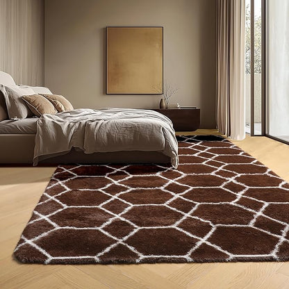 ONASAR 5x7 Area Rugs for Living Room Bedroom, Washable Fluffy Brown and White Throw Rug, Geometric Boho Soft Plush Shaggy Floor Bedside Carpet Mat for Nursery Kids Girls Boys Teen Dorm Home Decor