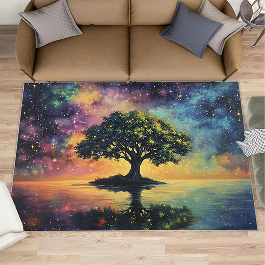 5x6 Tree of Life Rugs for Office - Galaxy Tree Living Room Carpet, Dreamlike Starry Sky Bedroom Area Rug Kids Low Pile Rug for Indoor Outdoor Hardwood Floors Home Decor