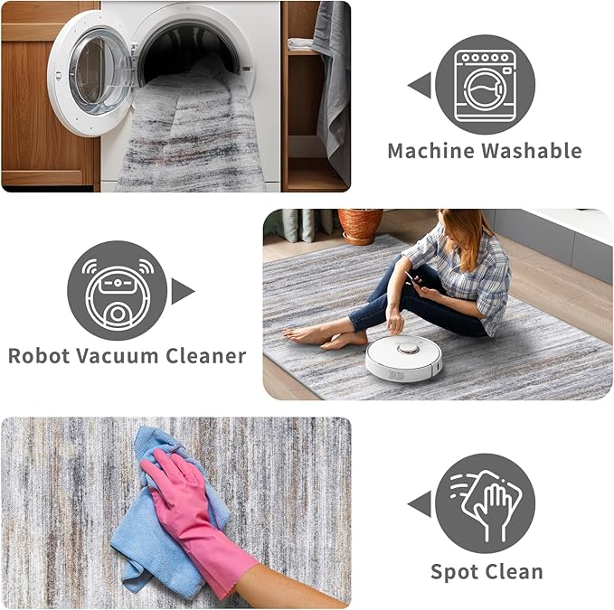 3x12 Washable Hallway Runner Rug: Extra Long Runners for Entryway Living Room Dining Room - Stain and Water Resistant Rugs with Non-Slip Backing - Soft Low-Pile Carpet 12ft Beige Grey