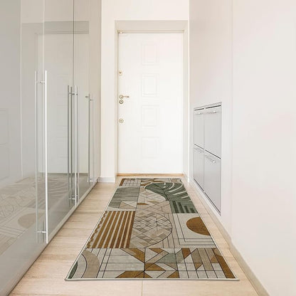 Ambesonne Mid Century Modern Boho Decorative Rug, Monstera Leaf Geometric Grid Ornaments and Circles, Quality Carpet Bedroom Dorm and Living Room, 2' 5" x 7' 5", Tan Ginger and Laurel Green