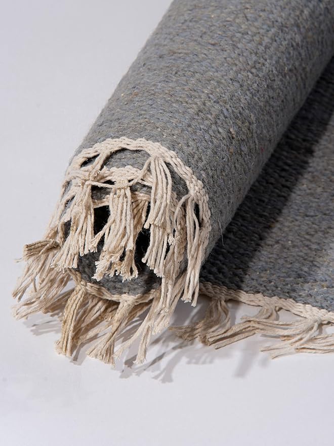 Rugsotic Carpets Hand Woven Flat Weave Kilim Wool ECO-Friendly Area Rugs - 5'x8', Rectangle Shape, Silver Color, Solid Plain Design, Low Pile Handmade Rugs for Living Room, Bed Room (D00111)