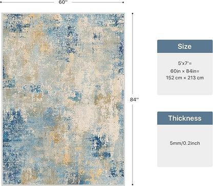 5x7 Area Rugs Washable Blue Rug for Living Room Bedroom, Abstract Modern Large Rug Non Slip, Water Repellent Low Pile Soft Carpet for Dining Room, Blue Ivory