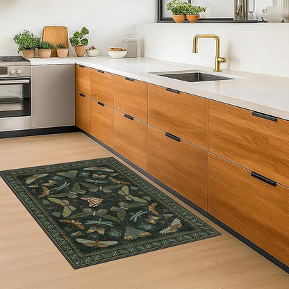 2x4 Entry Way Rugs Indoor - Dark Green Putdoor Rug for Kitchen, Bathroom, Insect Boho Design, Washable Non Slip Stain Resistant