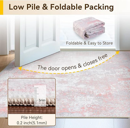 Washable Area Rugs 2'x8' Non-Slip Modern Abstract Soft for Living Room Entryway Bedroom Nursery, Print Pattern, Grey Pink
