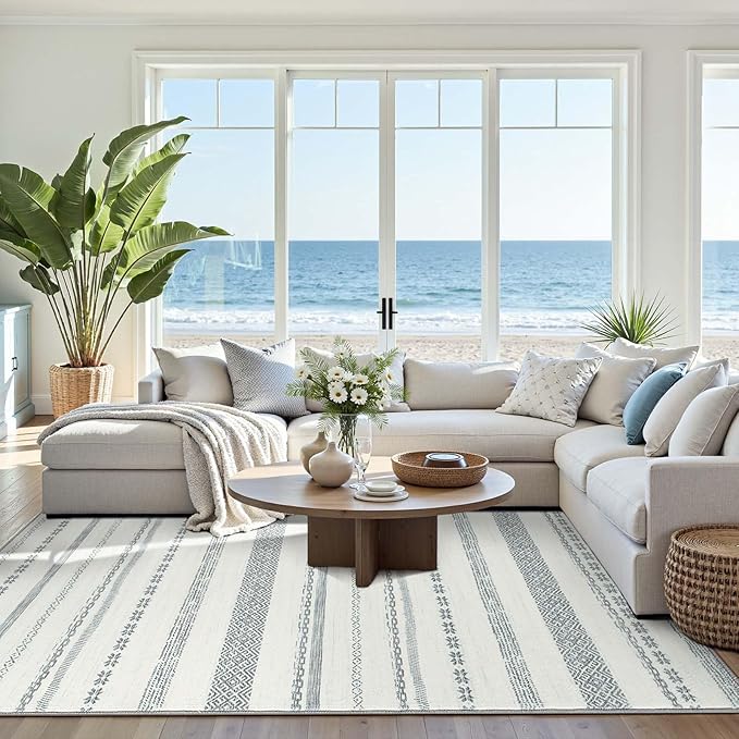 jinchan Moroccan Boho 6x9 Area Rugs for Living Room - Machine Washable Soft Throw Rug Bohemian Ripple Design Non-Slip Neutral Carpet for Bedroom Dining Room Home Office (6‘x9', Grey)