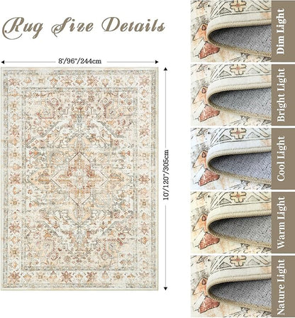 zesthome 8x10 Area Rugs - Stain Resistant Washable Rug for Living Room, Non-Slip Backing Large Area Rug with Ultra-Thin Low Pile for Bedroom, Vintage Home Decor
